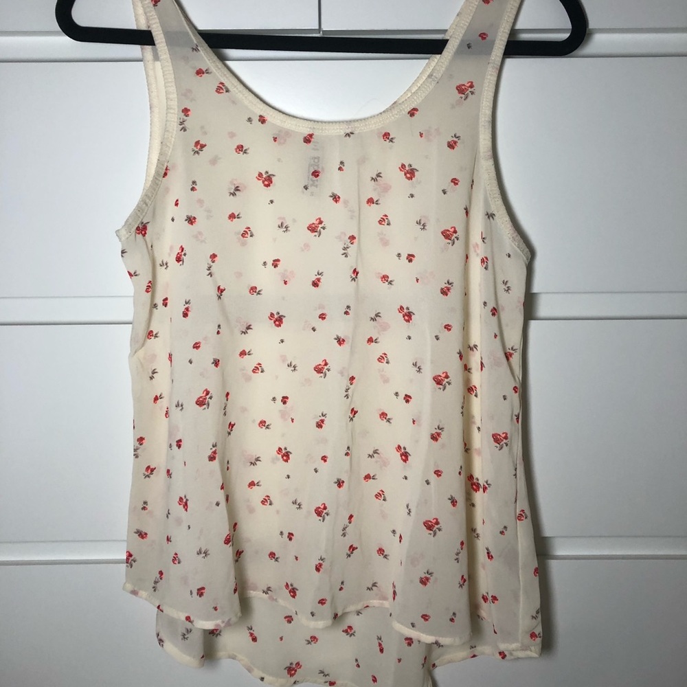 Cream Red Floral Sheer Tank Top Blouse